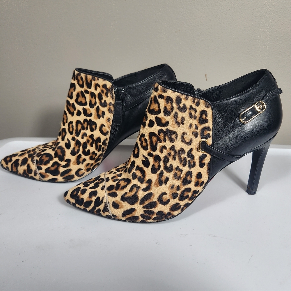 Cole Haan Leopard Print Ankle Booties 8.5 Real Fur Dyed Hair Calf Fur